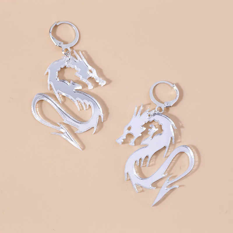 

Chinese Style Mirror Surface Arcylic Dragon Earrings for Women Cool Black Gold Silver Color Twisted Animal Drop Earrings Jewelry