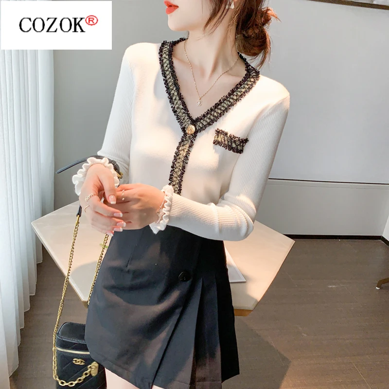 

2021 Autumn and Winter New Korean Version of Small Fragrance Knit Sweater V-neck Women's Sweater Bottoming Shirt Top