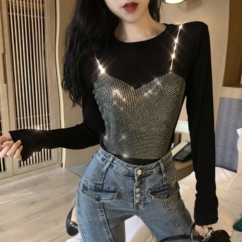 

Diamond Black T-Shirt for Women 2021 Spring New Slim Long Sleeves Shirts Ladies Tight Blusas Top Female Clother