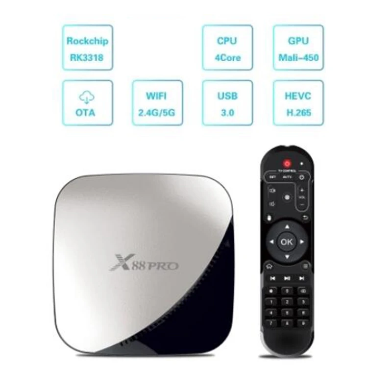 

X88 PRO Smart Android 9.0 TV Box Rockchip RK3318 Quad Core 64 Bit UHD 4K VP9 H.265 4GB +64GB 2.4G / 5G WiFi HD Media Player(EU P