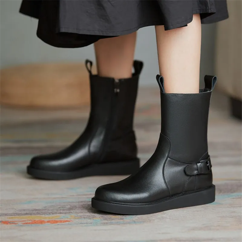 

Winter Boots Women 2020 Genuine Leather Ankle Boots Women Boots with Zipper Flat Heel Belt Buckle Comfortable Commuter Boots