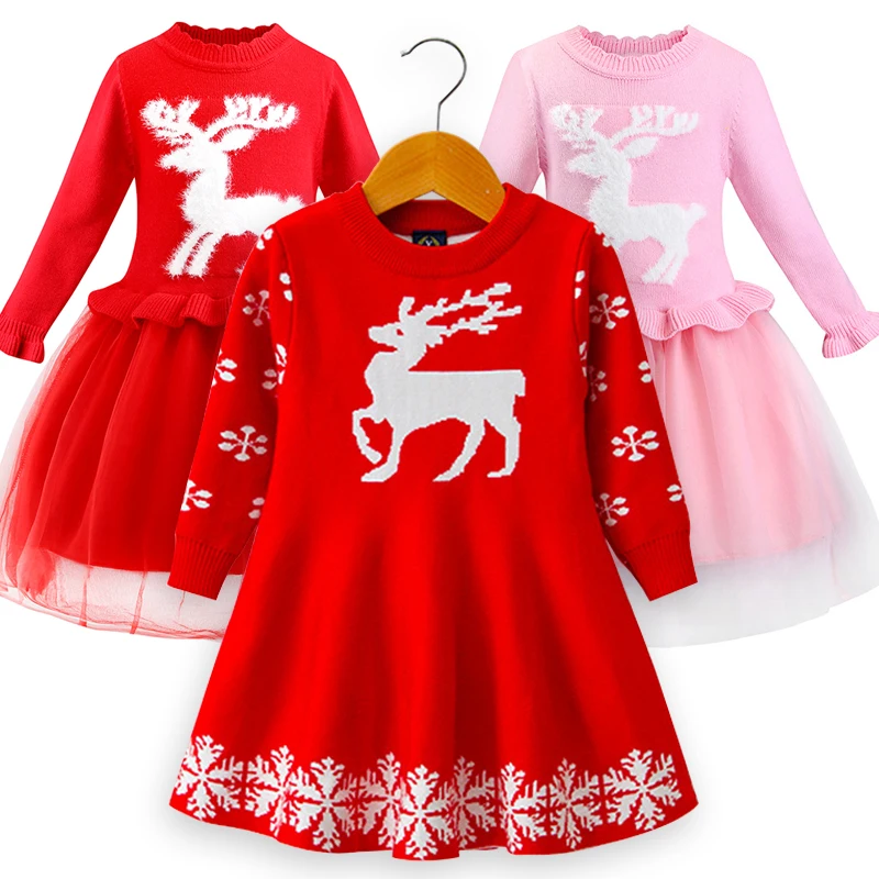 Детское трикотажное платье с длинным рукавом оленем снежинкой | Детская одежда и