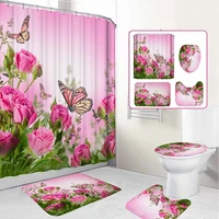 flower butterfly printed shower curtains bathroom curtain pink rose bathroom set toilet seat cover rugs non slip bath mat