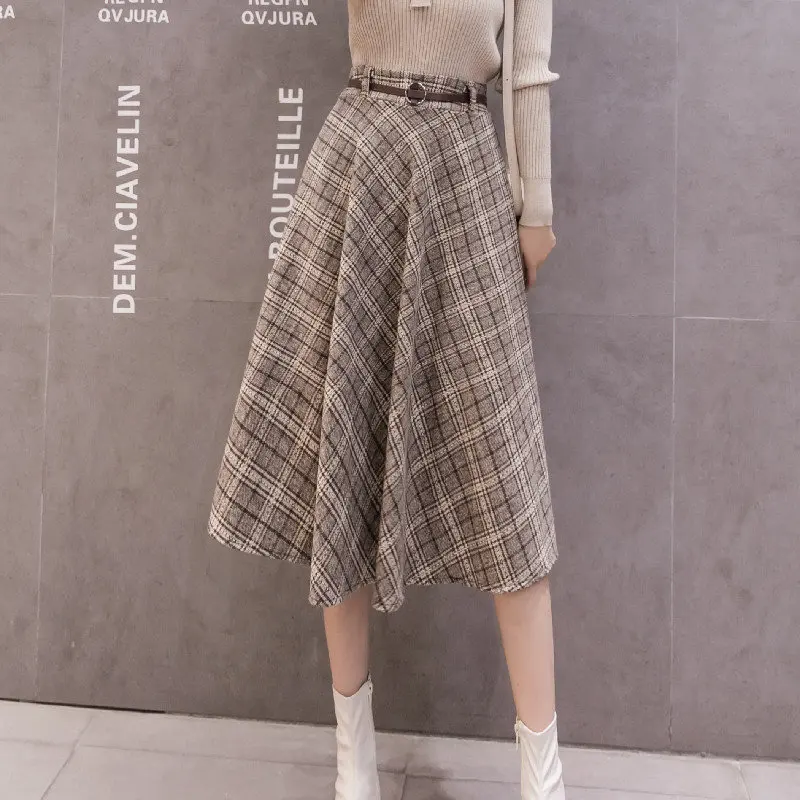 

New Autumn Women Plaid Print Woollens Skirts Pleated Sashes French Style Vintage Warm A-line Midi Skirts Faldas Mujer Moda