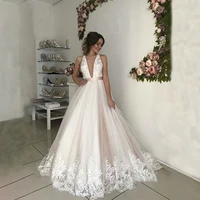 v neck tulle wedding dresses 2020 applique lace sashes a line backless floor length sleeveless bridal dress vestido de noiva