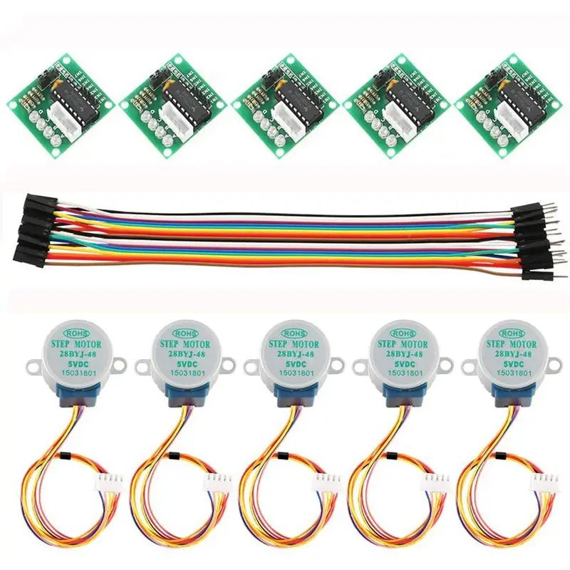 

5 комплектов, шаговый двигатель 28BYJ-48 ULN2003 5 В + плата драйвера ULN2003 + 20 шт. перемычек между мужчинами и женщинами для Arduino