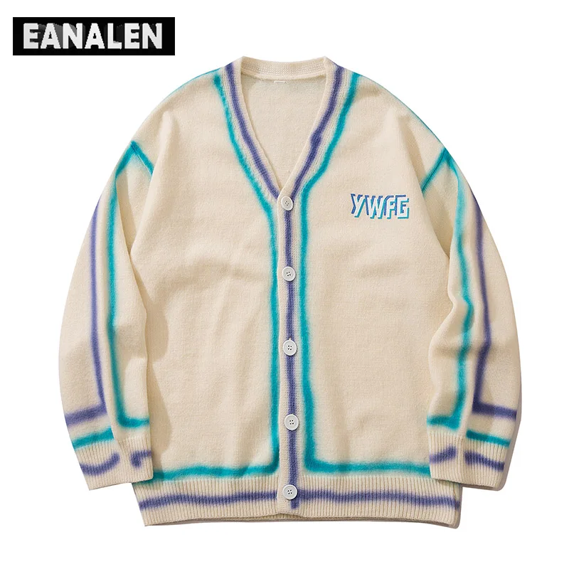 

Свитер оверсайз в стиле Харадзюку, вязаный джемпер в винтажном стиле контрастных цветов, вязаный кардиган, мужская зимняя куртка