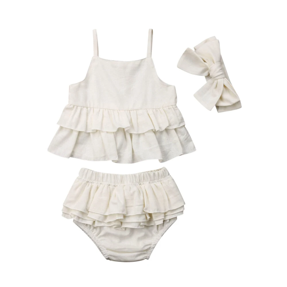 

6 M-4 Y Toddler Kid Baby Girl Skirt Outfit New Sunsuit Causal Cotton White Clothes Headband Ruffle Sleeveless Sling Tops Pants