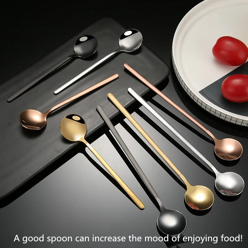 Stainless steel tableware dessert spoon coffee stirring fork knife long handle gorgeous ice cream teaspoon | Дом и сад