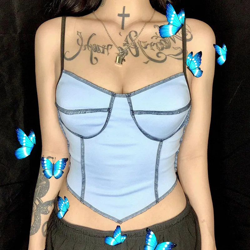 

French hot sexy sling summer new women's color line V collar dew umbilical short top women's wholesale trade T042049