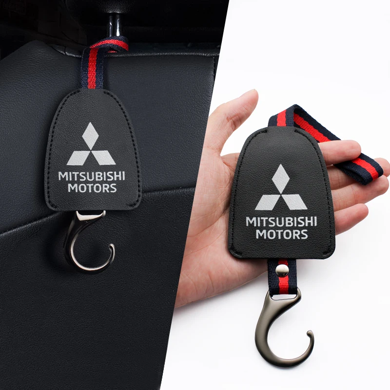 

1/2Pcs Leathe Car Seat Headrest Hanger Bag Hook Auto Styling Emblem Badge Interior Accessories For Mitsubishi Lancer Colt Pajero
