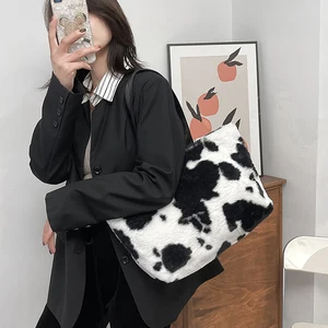 Women Plush Fur Print Pattern Handbag Winter Casual Large Top-handle Bag