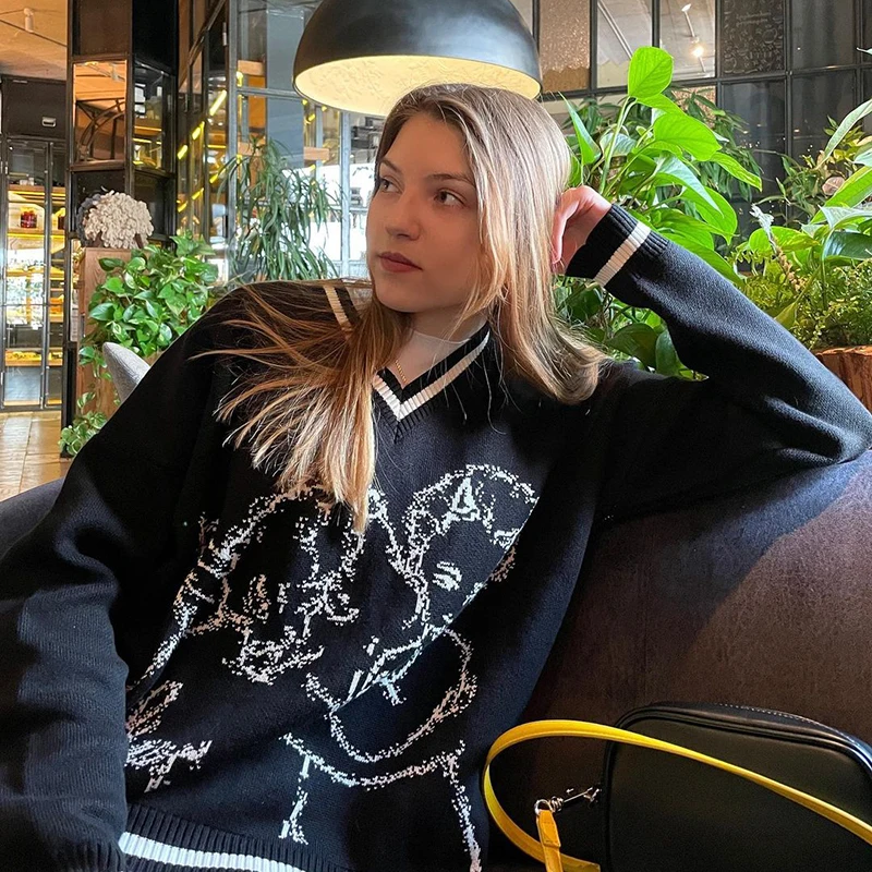 Rapcopter Angel Sweaters Loose Grunge Knitwear V Neck Long Sleeve Knitted Jumpers Cute Casual Pullovers Women Autumn Winter Tops |