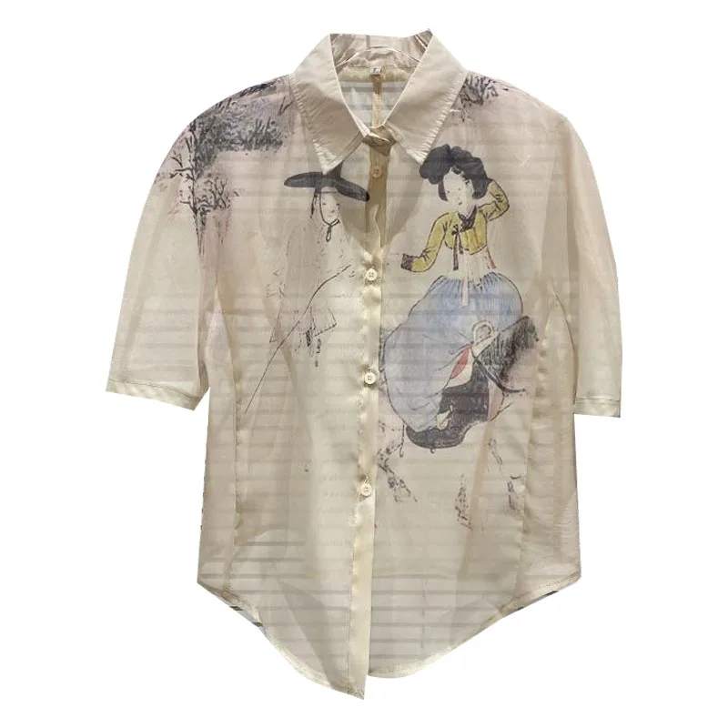 

2021 Summer New Fashionable Retro Ancient Character Ink Painting Sun Protection Short Sleeve Tulle Shirt for Women Tops Blouses