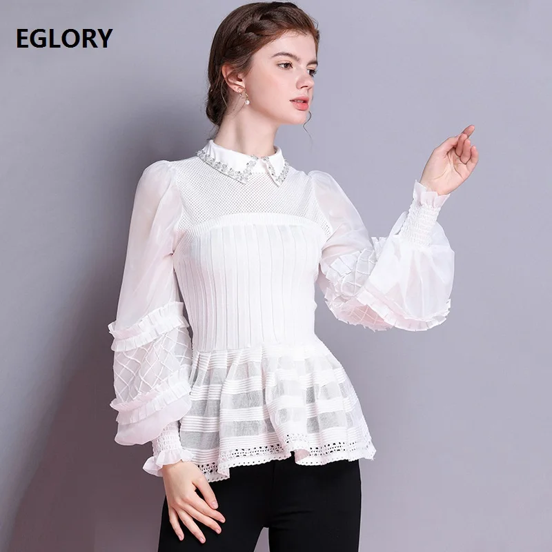 

2020 Autumn Winter Fashion Pullovers High Quality Women Beading Turn-down Collar Lantern Sleeve Vintage White Wine Red Sweaters