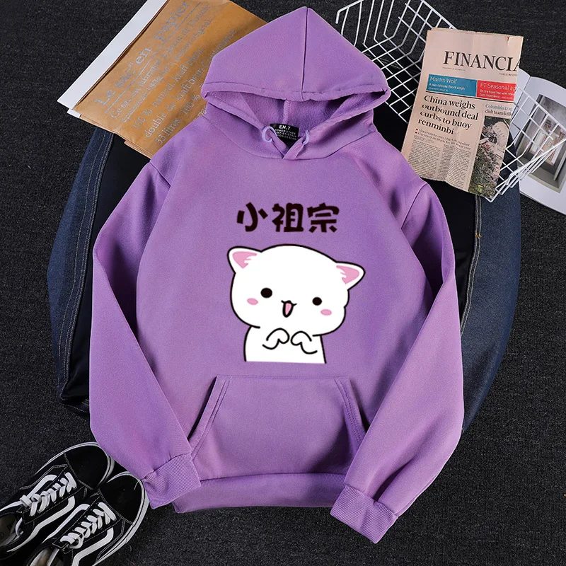 

Japan Korean Harajuku Style Casual Loose Sweatshirt Kawaii Little ancestor Cat Print Pattern Fleece Couple Hoodies