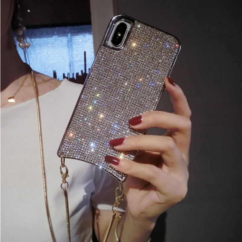 Блестящие стразы, Алмазный чехол через плечо для iPhone XS MAX XR X 6 8 7 Plus 11 Pro, Женский чехол с длинным ремешком и металлической цепочкой