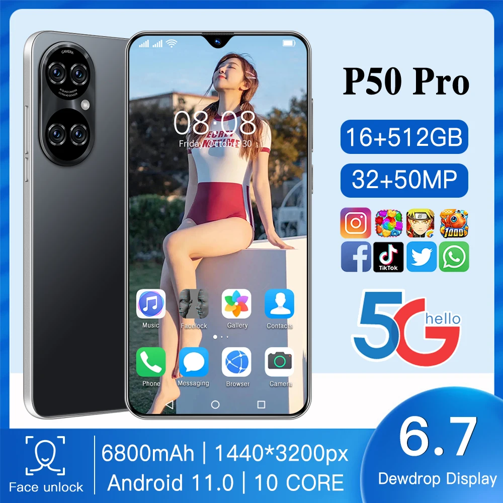 6 7 дюймов P50pro Smartphone16GB 512 Гб новый Galxy 6800 мАч Android 10 0 устройство док станция Qualcomm 888