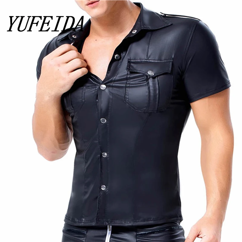 Men's T Shirts PU Leather Short Sleeve Slim Fit Shirts Male Dance Stage Clubwear T-shirt Male Streetwear Tops Tee Plus Size 3XL