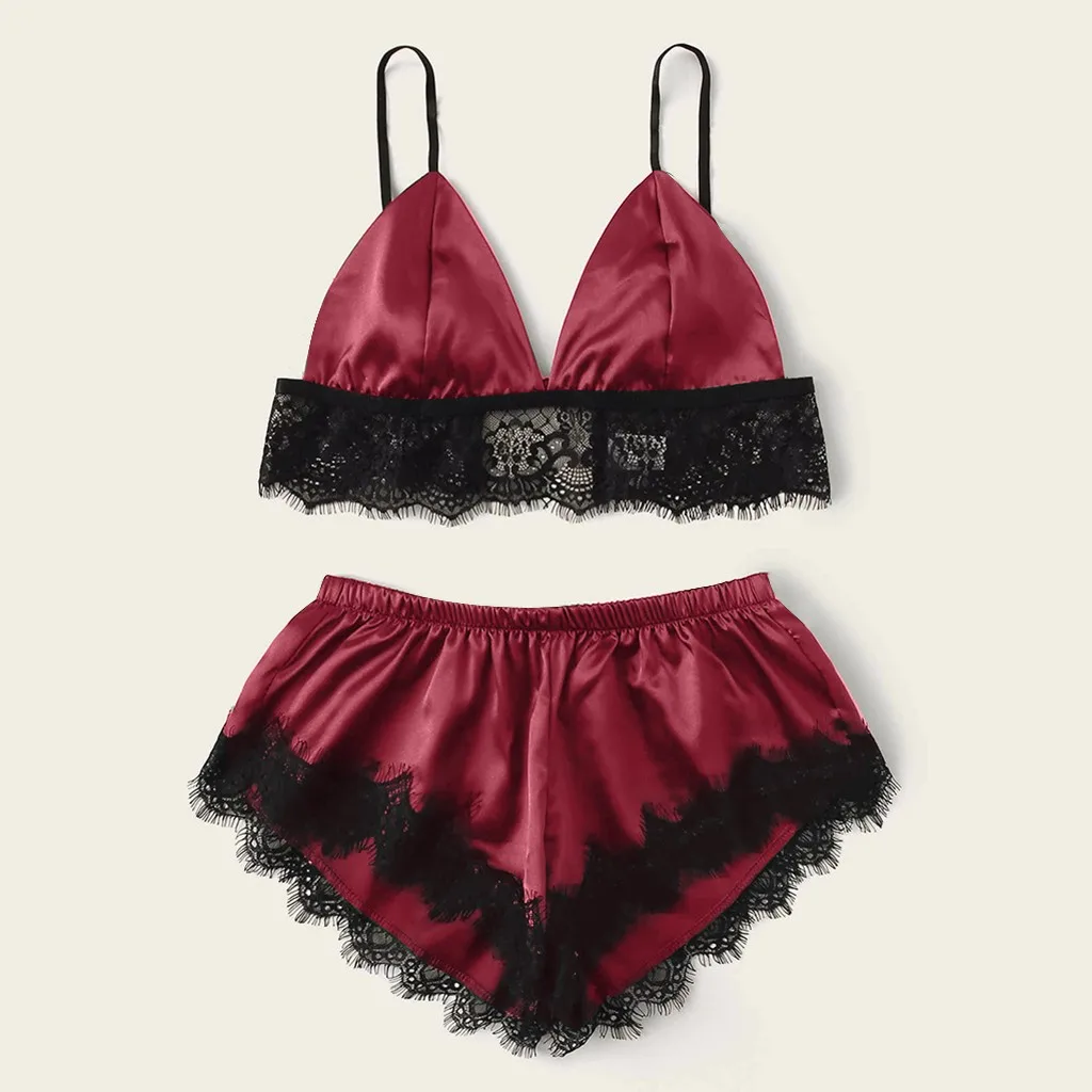 

pyjama femme Women V-Neck Silk Lace Satin Striped Camisole Pajamas Sexy Lingerie Sleepwear Shorts Set pijama mujer @E