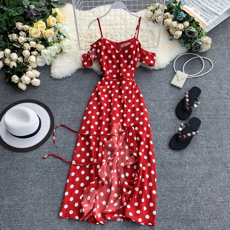 Женское винтажное платье средней длины в горошек с v образным вырезом элегантное