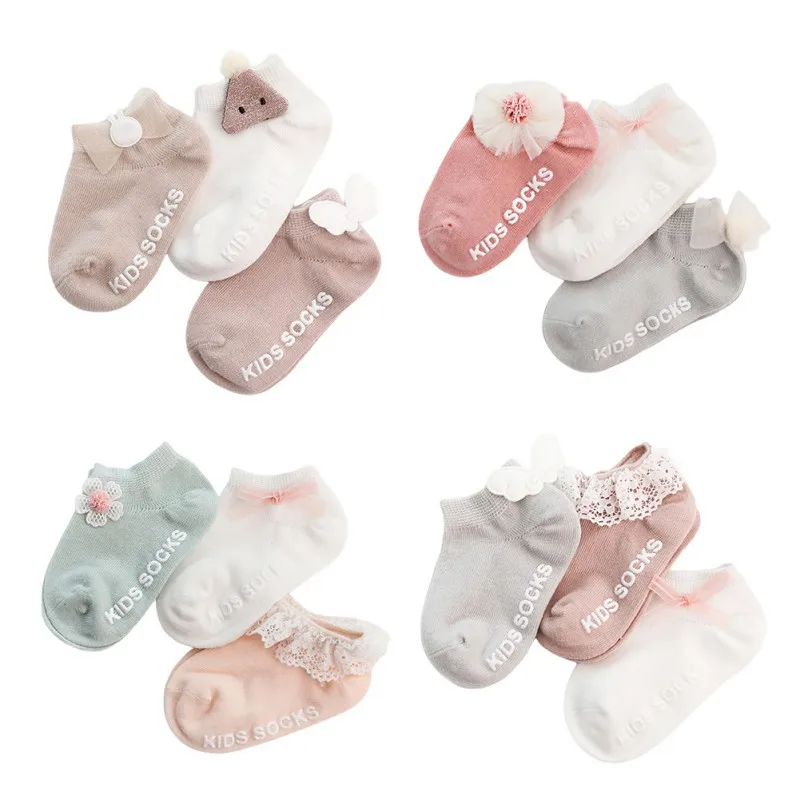 Calcetines cortos de algod&oacute;n para ni&ntilde;os y ni&ntilde;as, medias antideslizantes y transpirables con lazo de encaje, 3 unidades-0