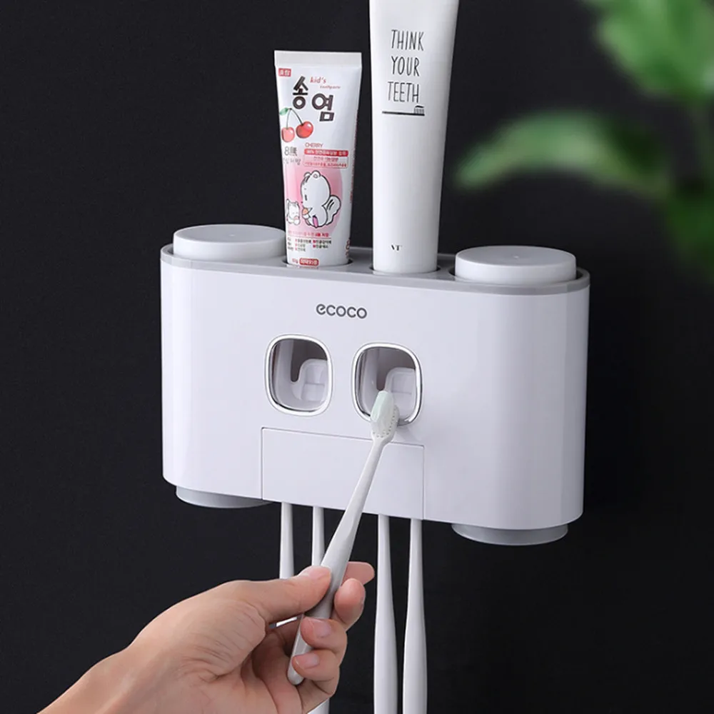 

Wall-Mounted Toothbrush Holder Automatic Toothpaste Dispenser Squeezer With 4 Cups and 5 Toothbrush Slots Bathroom Storage Rack