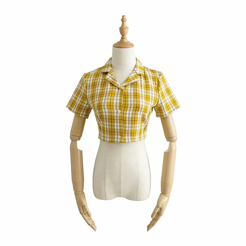 

Notched Plaid Women's Shirts Black Single Breasted Short Sleeve Female Cropped Top Girls 2021 Streetwear Korean Sweet Lady Shirt