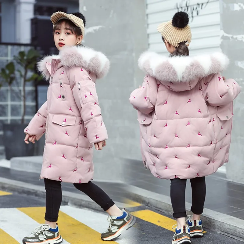

2022 Winter Girls Down Jacket Children's Fashion Embroidery Clothes Big Kids Hooded Fur Collar Long Coat TZ832