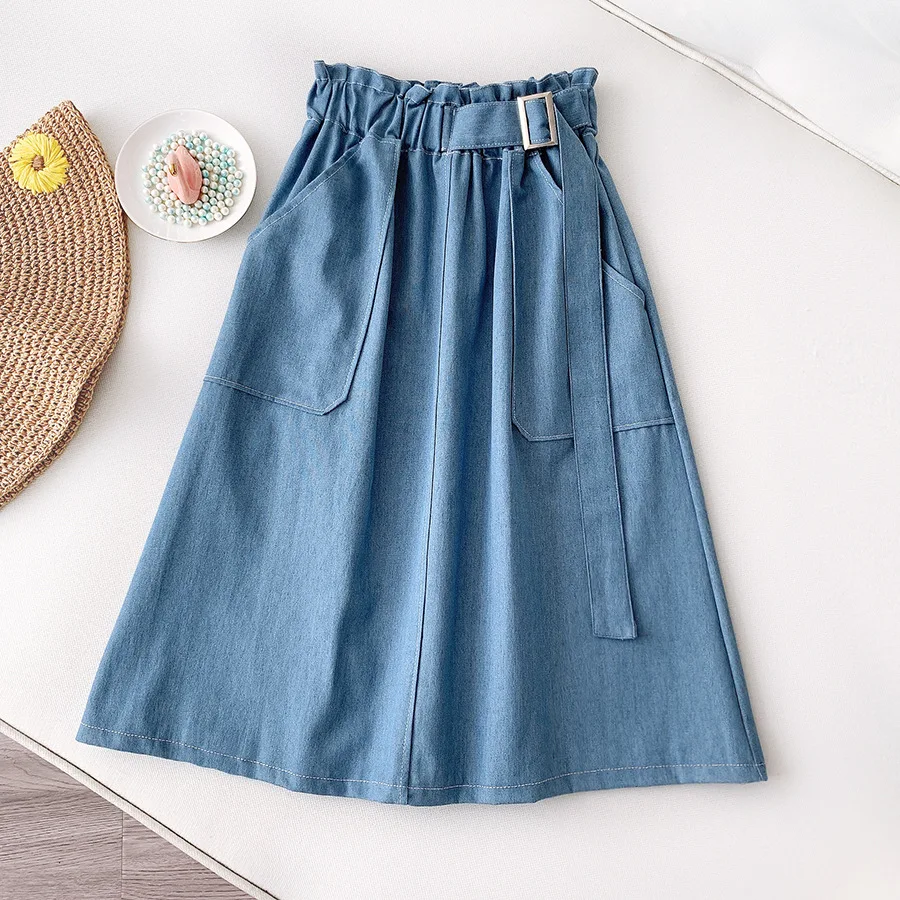 

Pocket Knee Length High Waist Demin Skirts Women with Belt 2021 Spring Summer Korean Cute Blue A-line Loose Midi Skirt Female