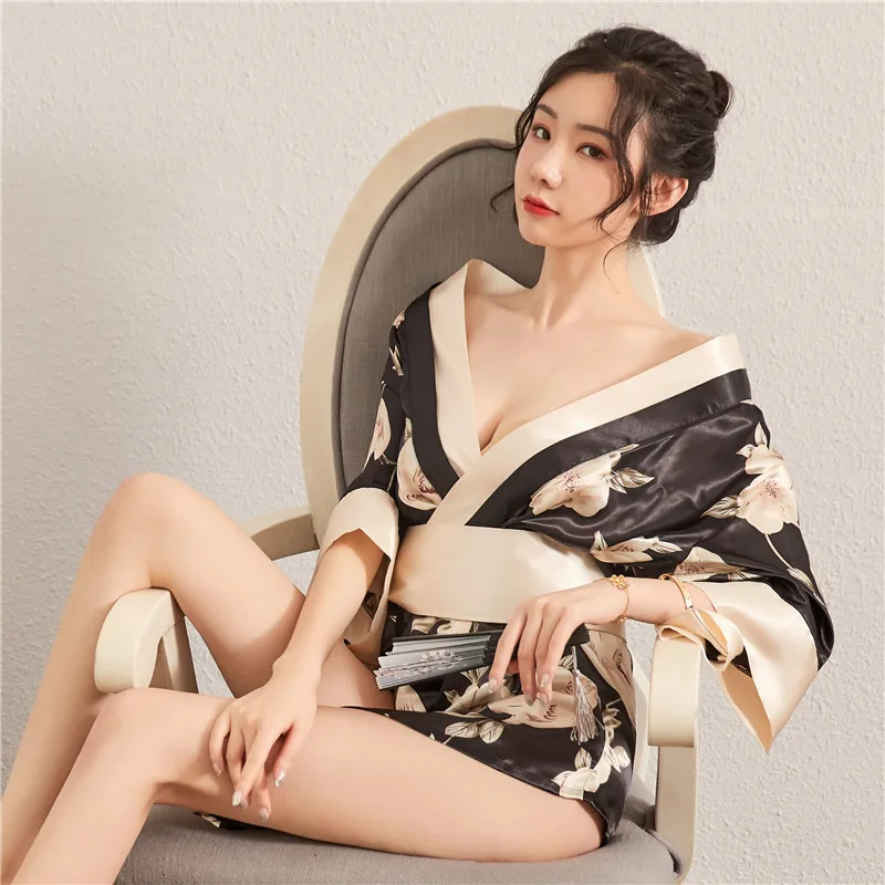 

Кимоно традиционное в японском стиле, юката, женское пикантное нижнее белье, хаори шелковая одежда для сна с цветочным принтом, пижамное пла...