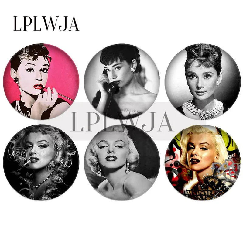 

LPLWJA Marilyn Monroe Paintings Round Glass Cabochon Flatback Audrey Hepburn Photo Base Tray Blank DIY Jewelry Accessories