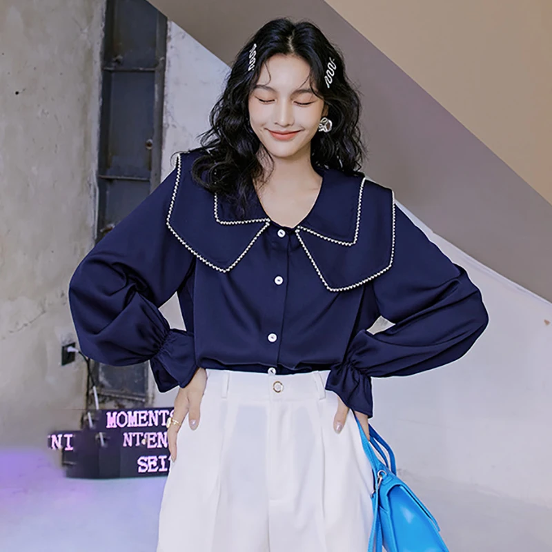 

SHENGPALAE Elegant Sailor Collor Blouse Women's Spring 2021 New Loose Single Breasted Pearl Rimming Long Sleeve Shirt Female