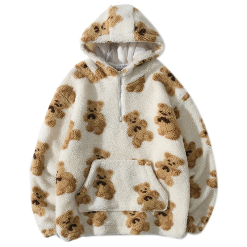 

Men Winter Faux Wool Warm Hoodies Cartoon Bear Print Zipper Pullover Sweatshirt U90E