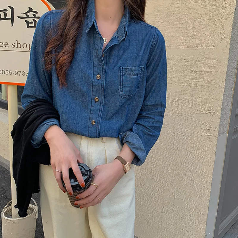 

JMPRS Fashion Women Denim Shirt Korean Elegant Spring Long Sleeve Blue Jeans Preppy Style Ladies Tops Casual Single Breasted Top