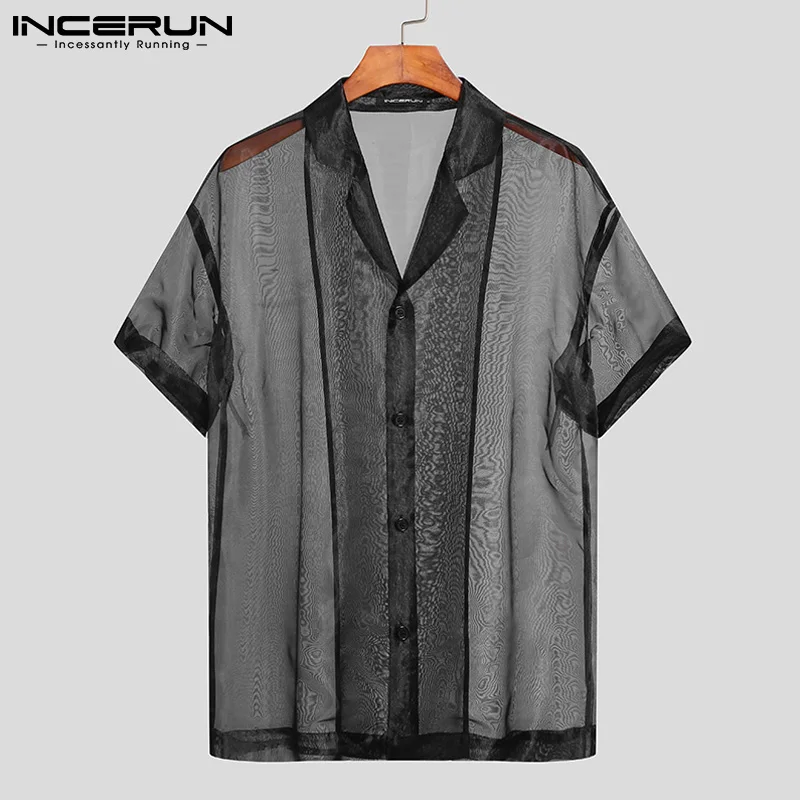 

Men Shirt Mesh See Through Sexy 2021 Party Nightclub Camisa Masculina Lapel Short Sleeve Streetwear Men Clothing INCERUN S-5XL