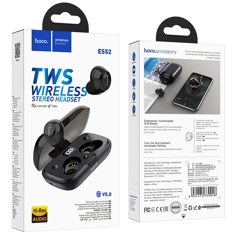 Фото Беспроводные наушники Hoco TWS Bluetooth 5 0 Спортивная гарнитура высокого разрешения с Беспроводные наушники Hoco TWS Bluetooth 5 0 Спортивная гарнитура высокого разрешения с