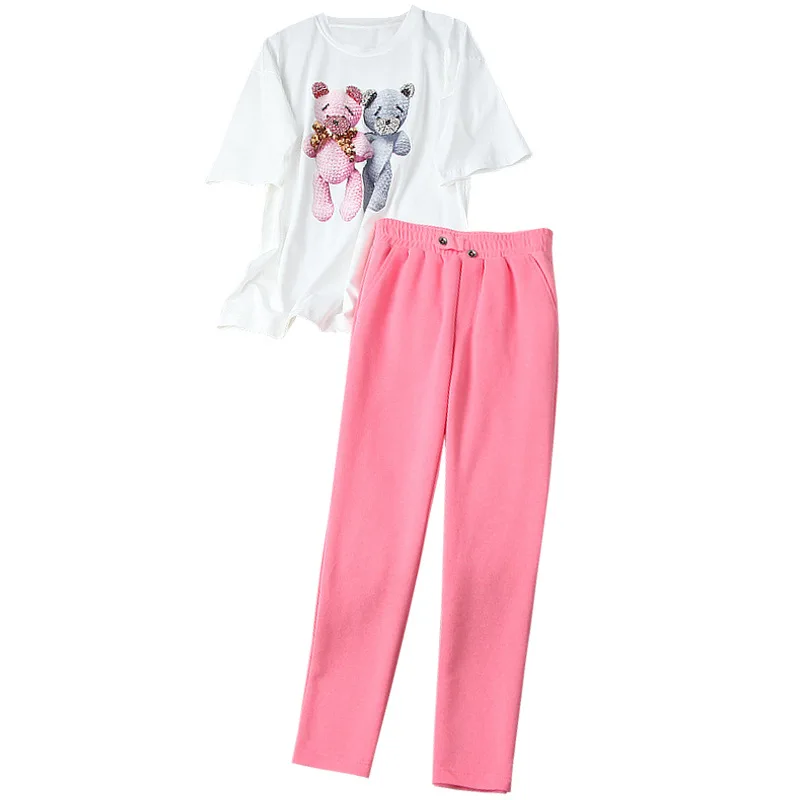 

Women girls cute cartoon graphic t-shirts and pink pants casual two piece set spring summer 2021 fashion female clothing sets