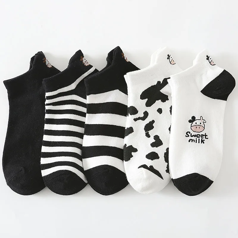 

New Cartoon Print Ankle Socks Women Cow Embroidery Stripes Spring Summer Cotton Short Socks for Ladies Girls Female Socks Sokken