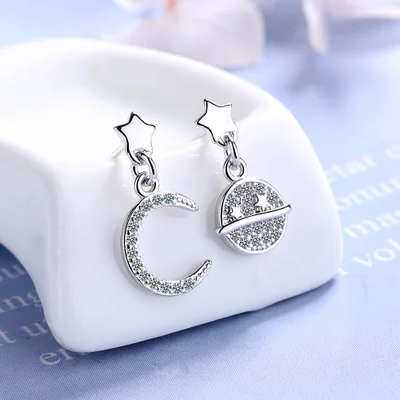 Sampanda Silver-plated Moon Planet Pentagon Star Simple Asymmetric Short Stud Earrings Fashion Jewelry For Women | Украшения и