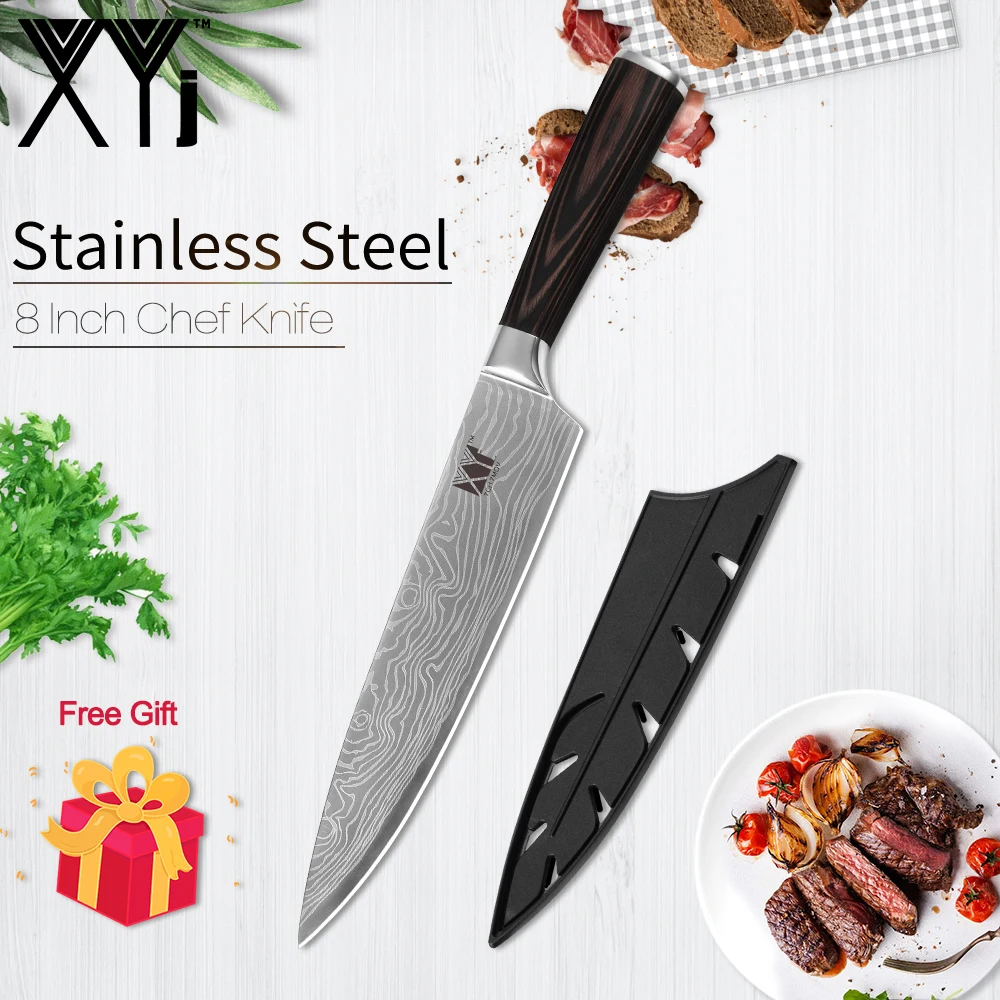 XYj 8 inch Stainless Steel Chef Knife Damascus Pattern Blade Color Wood Handle Kitchen Cooking Knives Meat Fish Tools Accessory