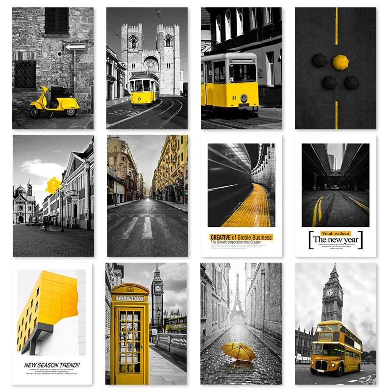 

Black and White Landscape Wall Art Yellow Bus Car Canvas Poster Prints Nordic Style Paintings Yellow Building Picture for Room
