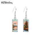 Новинка 2021, прямоугольные серьги с пейзажем гор и долины, художественные серьги-Крючки с рисунком рыбы, стеклянный кабошон, ювелирные изделия ручной работы