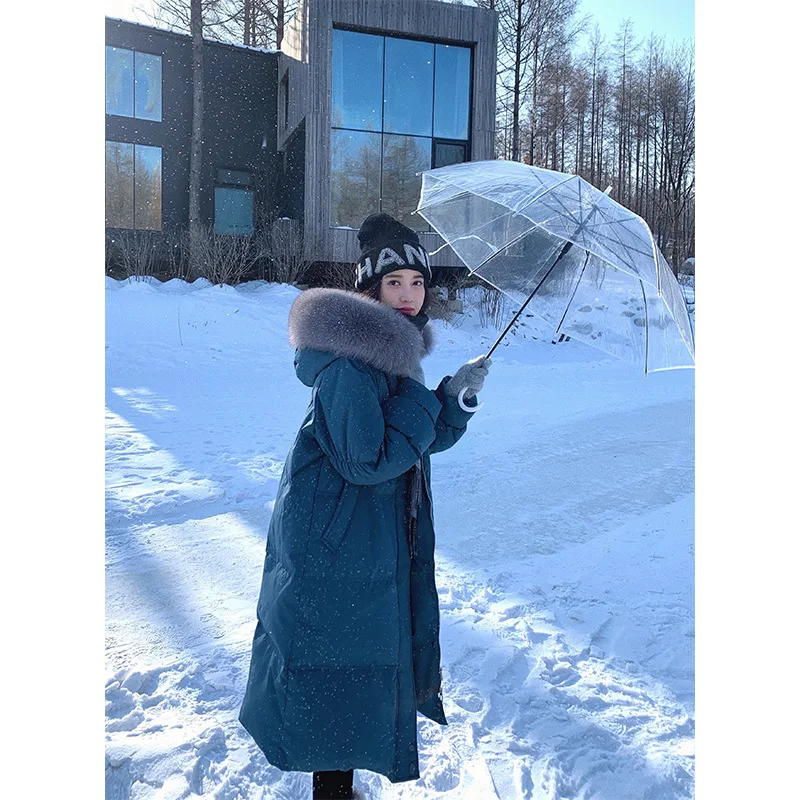 Женская парка на утином пуху длинное пальто с капюшоном и воротником из меха