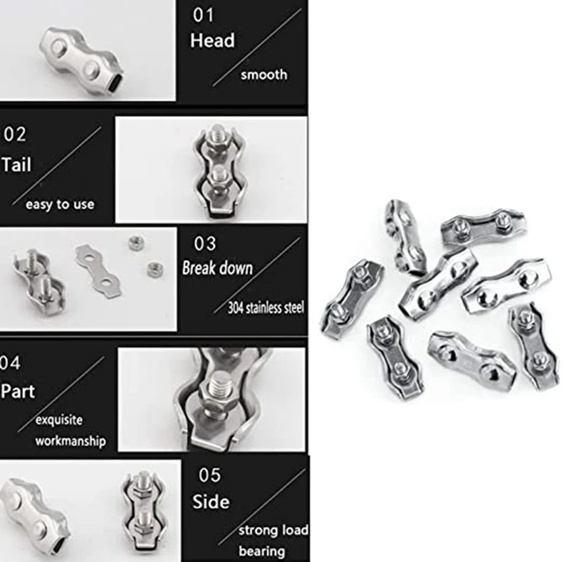 

10Pcs Stainless Steel 6mm Wire Rope Cable Thimbles Silver Tone & 15 Pcs Stainless Steel Wire Rope Clip Cable Clamp