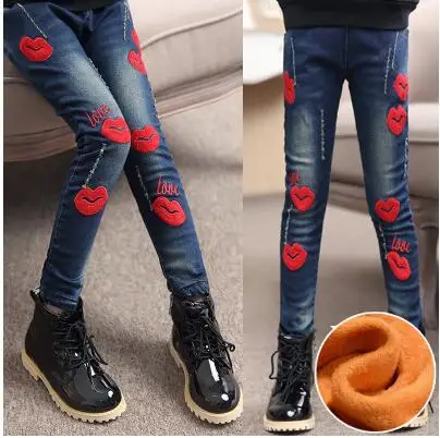 F623 fleece jeans Коллекция года, зимняя детская одежда джинсы для девочек повседневные узкие джинсы из плотного флиса для маленьких девочек, джинсы для крупных детей, длинные штаны - Цвет: F623 fleece jeans