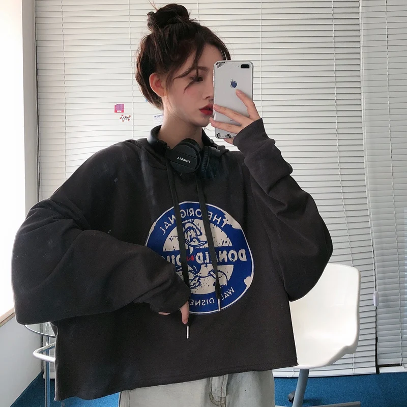 

Printed Hooded Crop Top Women's Sweatshirt Long Sleeve Loose Women Hoodies Sexy 2021 Autumn Fashion Female Clothes Short Hoody