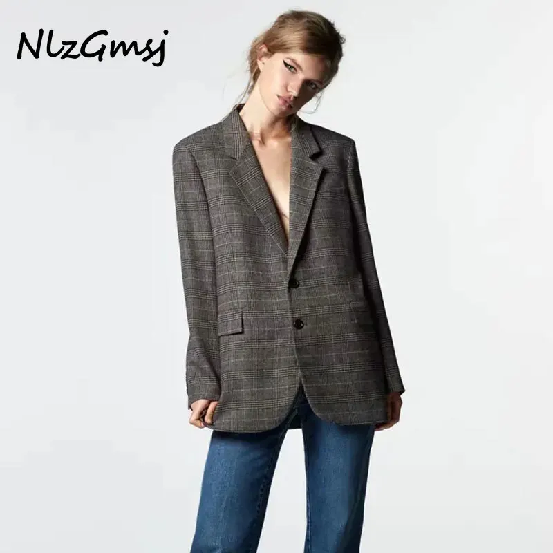 

Женский блейзер в клетку Nlzgmsj Za 2021, офисный женский костюм, куртка, Женское пальто, двубортное пальто с английским воротником 202110