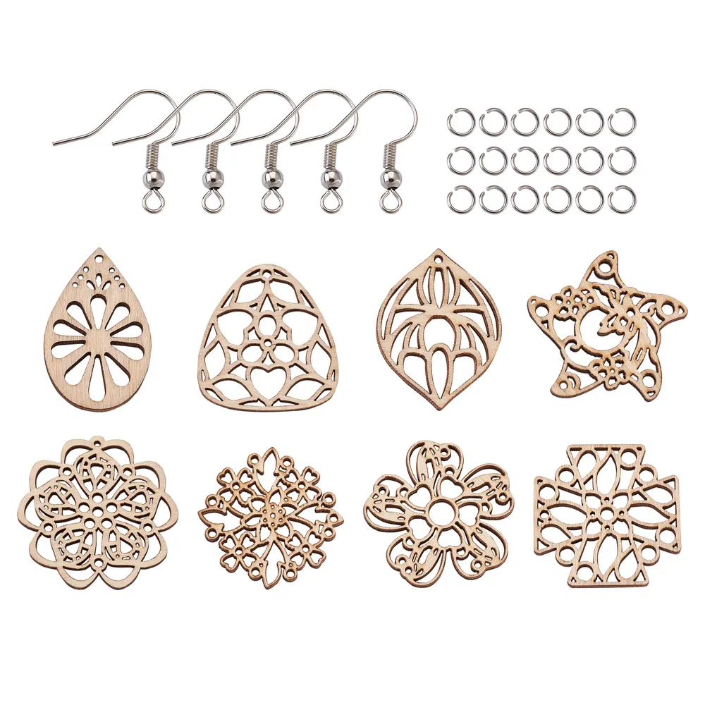 

Unfinished Wooden Earrings Blank Filigree Flower Teardrop Wood Pendant Charm with Earring Hook for Jewelry Making Kit DIY Supply