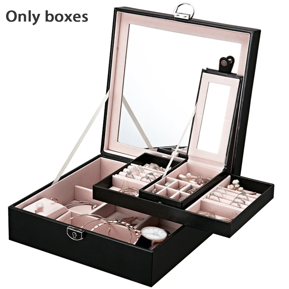 

Display Two Layers Bedroom With Lock Desktop Square Mirror Earrings Multifunctional Storage Box Home Necklace Jewelry Organizer